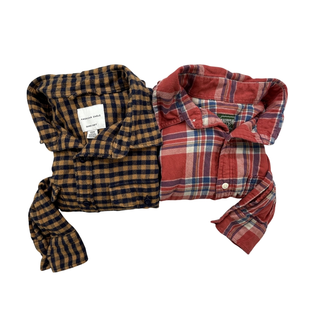 American Eagle Shirt Mens Medium Plaid Flannel Long Sleeve Lot of 2 Super Soft